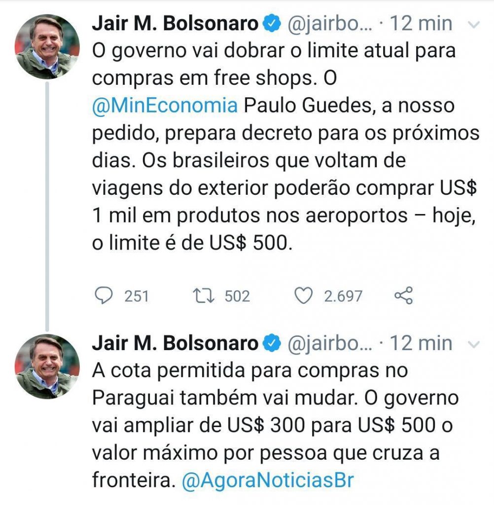 Presidente Bolsonaro anuncia aumento nas cotas de compras para brasileiros que retornam do exterior 2 taxa de compra
