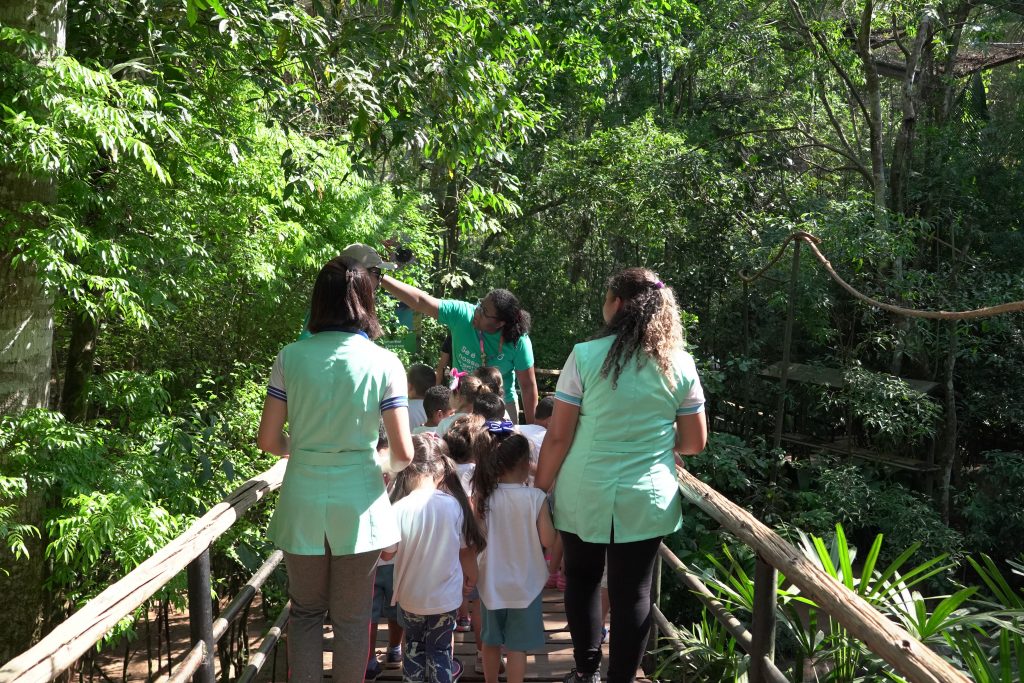 Volta às aulas com aprendizado prático no Parque das Aves de Foz do Iguaçu 1 criancas monitores e professores na trilha 7