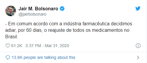 Bolsonaro suspende aumento de preços de medicamentos 1 Twitter Bolsonaro