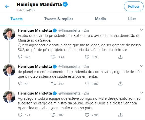 Mandetta anuncia saída do Ministério da Saúde, após ser demitido por Bolsonaro 1 Twitter
