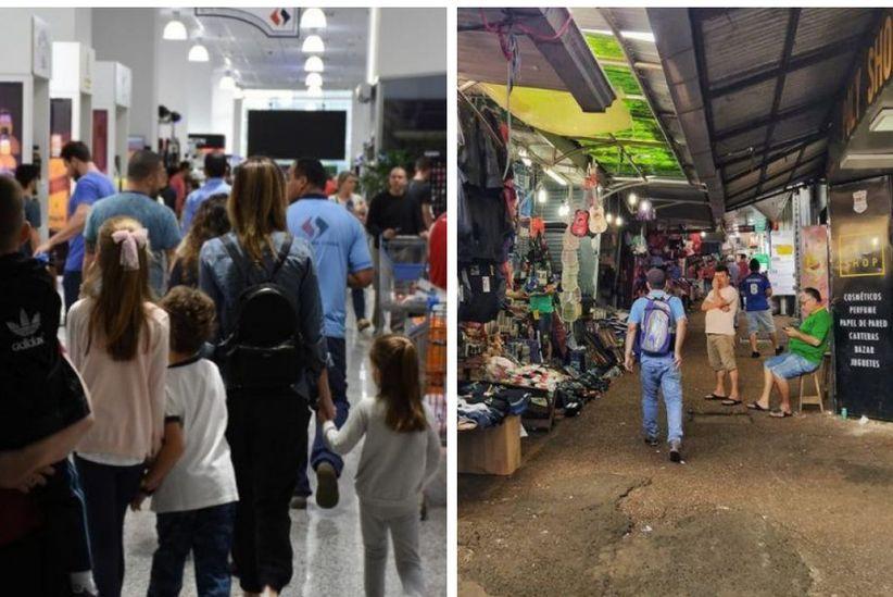 Dois momentos em Ciudad del Este shopping lotado em dia de Black Friday e pequeno movimento nos dias que antecederam a pandemia. Crise vem de longa data. Foto Montagem