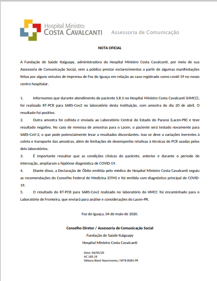 Santa Terezinha de Itaipu registra primeiro óbito por Covid-19. Ele estava internado em Foz do Iguaçu 2 HMCC Nota Oficial