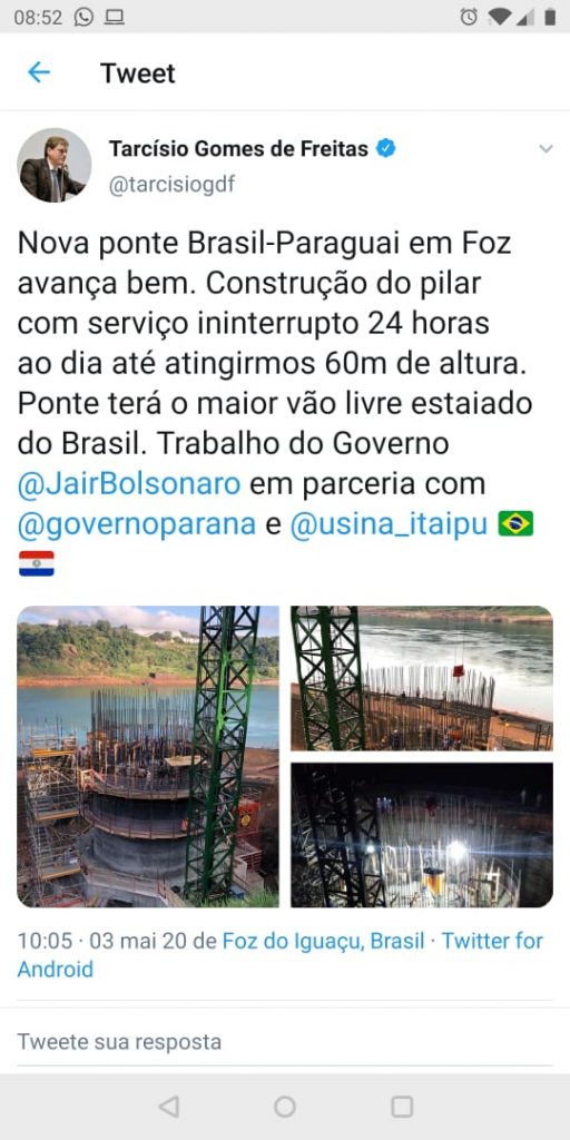 Ministro de Infraestrutura posta nas redes sociais avanço da segunda ponte em Foz, entre Brasil e Paraguai 1 Tarcísio Gomes de Freitas