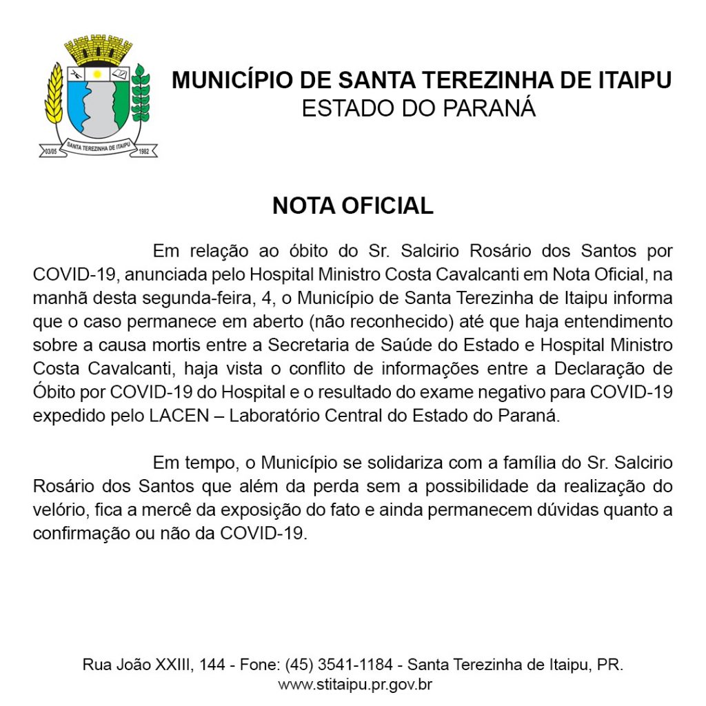 Santa Terezinha de Itaipu registra primeiro óbito por Covid-19. Ele estava internado em Foz do Iguaçu 1 nota prefeitura STI