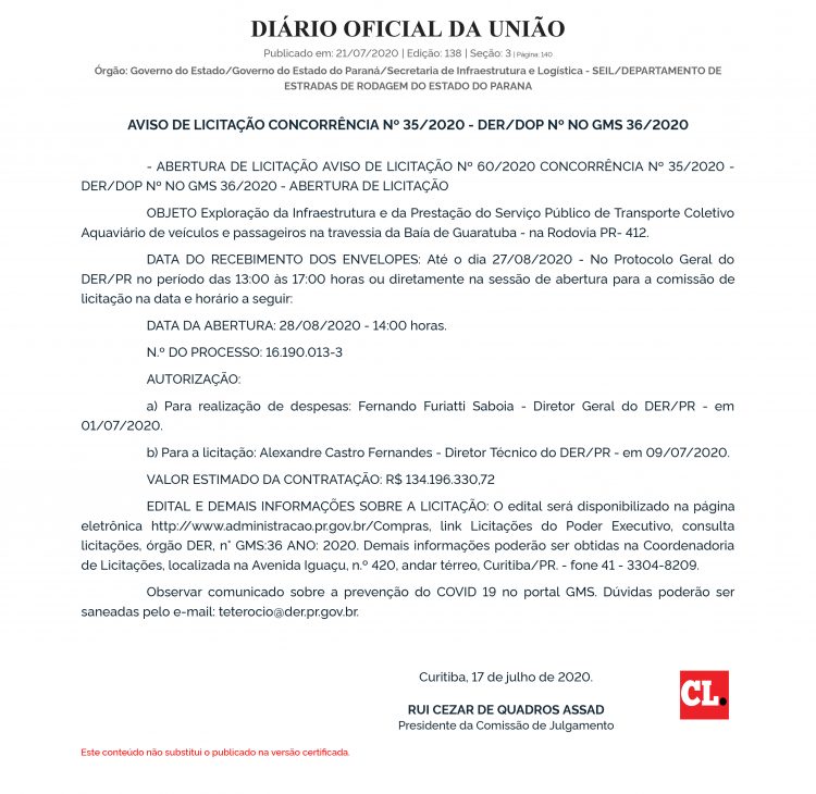 DER publica aviso de licitação do ferry boat em Guaratuba, no litoral do Paraná 2 Edital