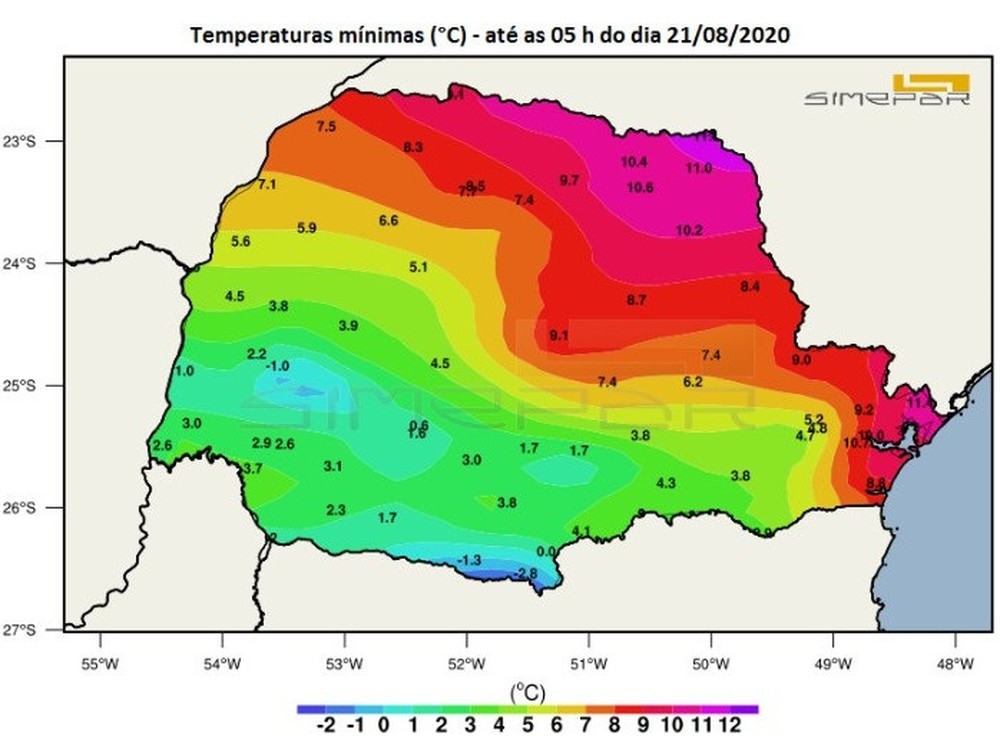 Cascavel e Palmas, no Paraná, com temperaturas negativas. Sensação térmica em Foz era de -1ºC 1 Mapa do Simepar mostra as mínimas abaixo de 12ºC em todas as regiões do Paraná Foto ReproduçãoSimepar