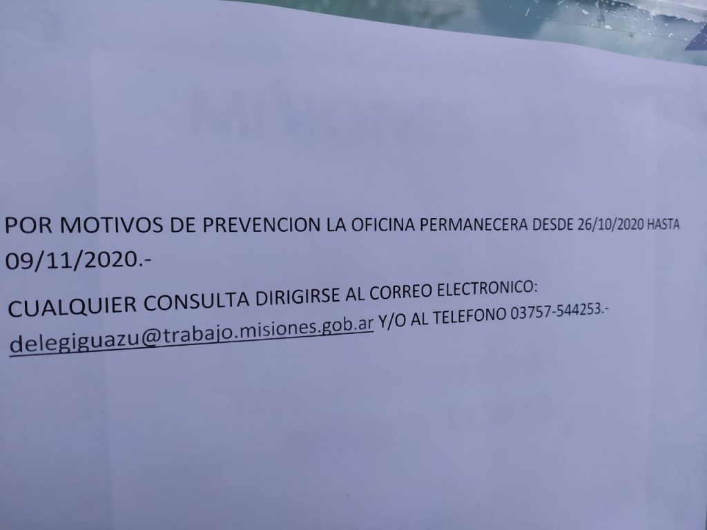 Delegação do Ministério do Trabalho de Puerto Iguazú fecha por duas semanas devido caso de Covid-19 1 aviso mt