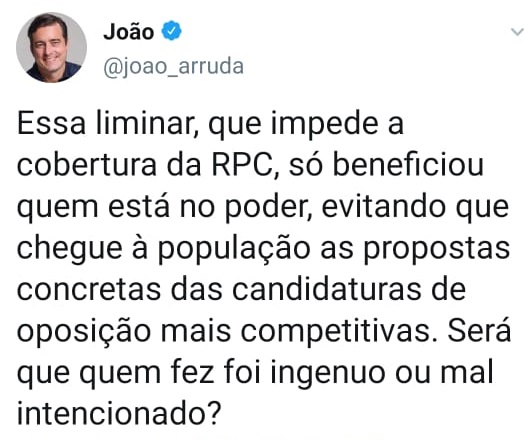 Liminar contra a RPC só atende Greca, diz João Arruda, sobre as eleições 2020 em Curitiba 1 joaotweet