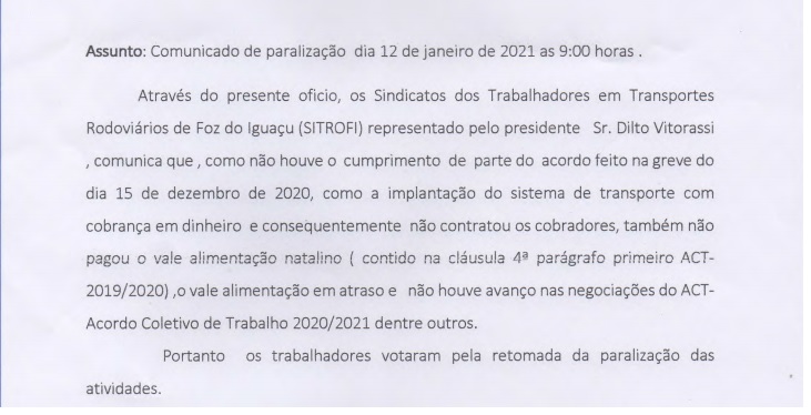 Transporte Coletivo anuncia nova paralisação nesta terça, 12, em Foz 1 Comunicado