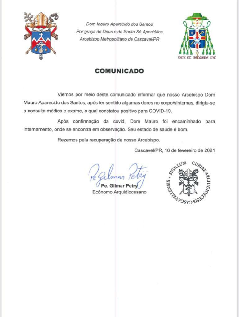 Dom Mauro, arcebispo de Cascavel, é internado devido a Covid-19 1 comunicado