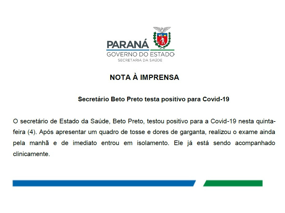 Secretário de Saúde do Paraná testa positivo para o novo Coronavírus 1 nota beto preto