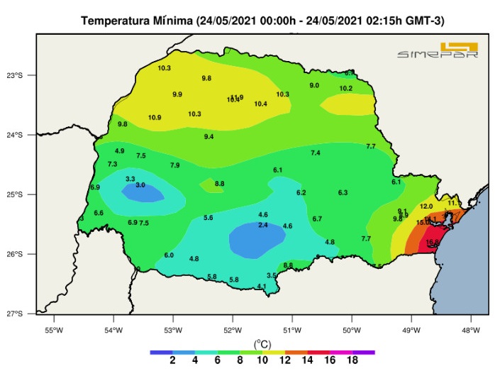 Paraná tem manhã gelada nesta segunda (24). Frio fez temperatura cair a 3 graus na região Oeste 1 mapa frio