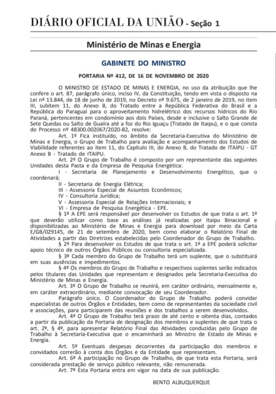 Grupo de trabalho tem até domingo (16) para concluir estudo da instalação de uma eclusa na usina Itaipu 1 portaria gt itaipu