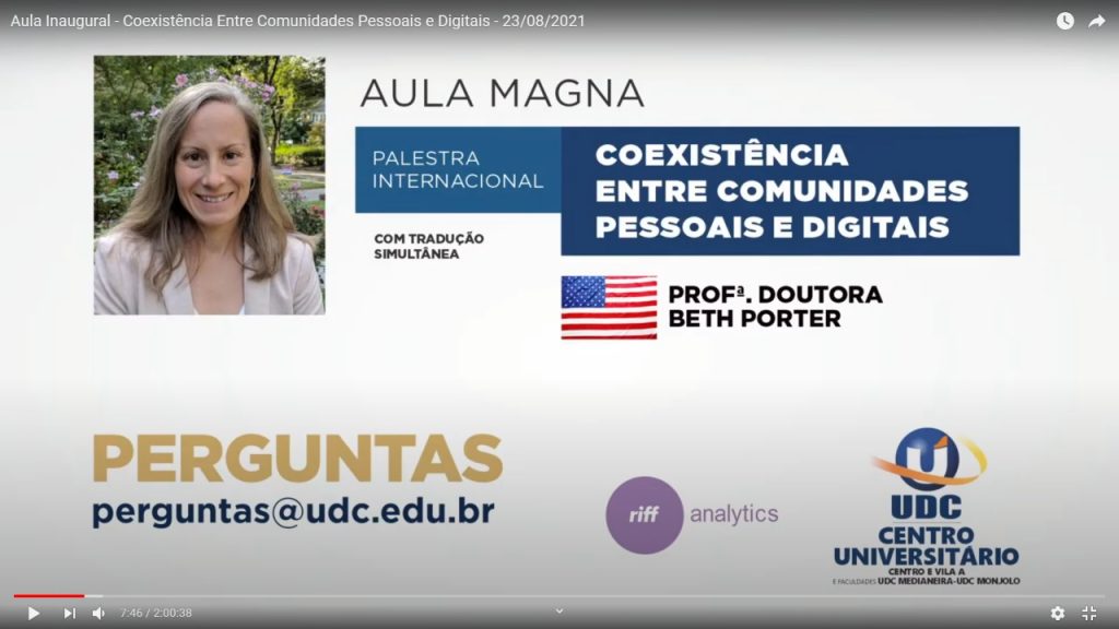 Palestra com a Dra. Beth Porter do MIT e Boston University na UDC sobre inteligência artificial foi um grande sucesso 2 Ate o termino da transmissao ao vivo o youtube havia registrado mais de 4 mil acessos