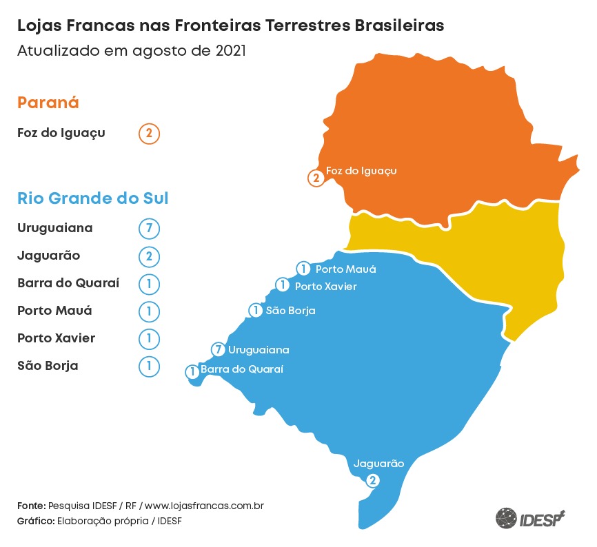 O panorama atual de funcionamento das lojas francas nas cidades gêmeas do Brasil 1 Mapa lojas francas terrestres abertas no Brasil