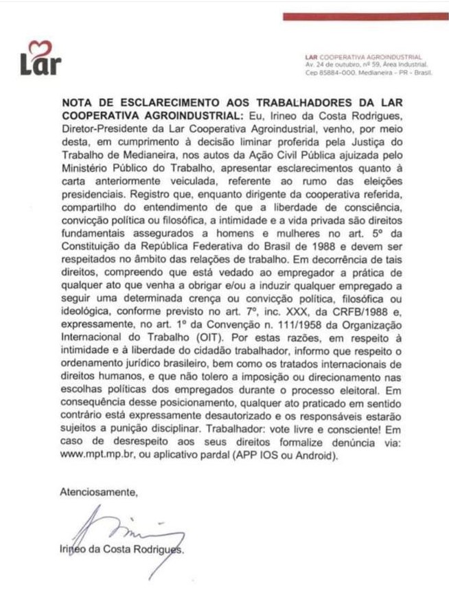 Lar Cooperativa obedece Justiça que a proíbe de assédio eleitoral 2 lar 2552 1