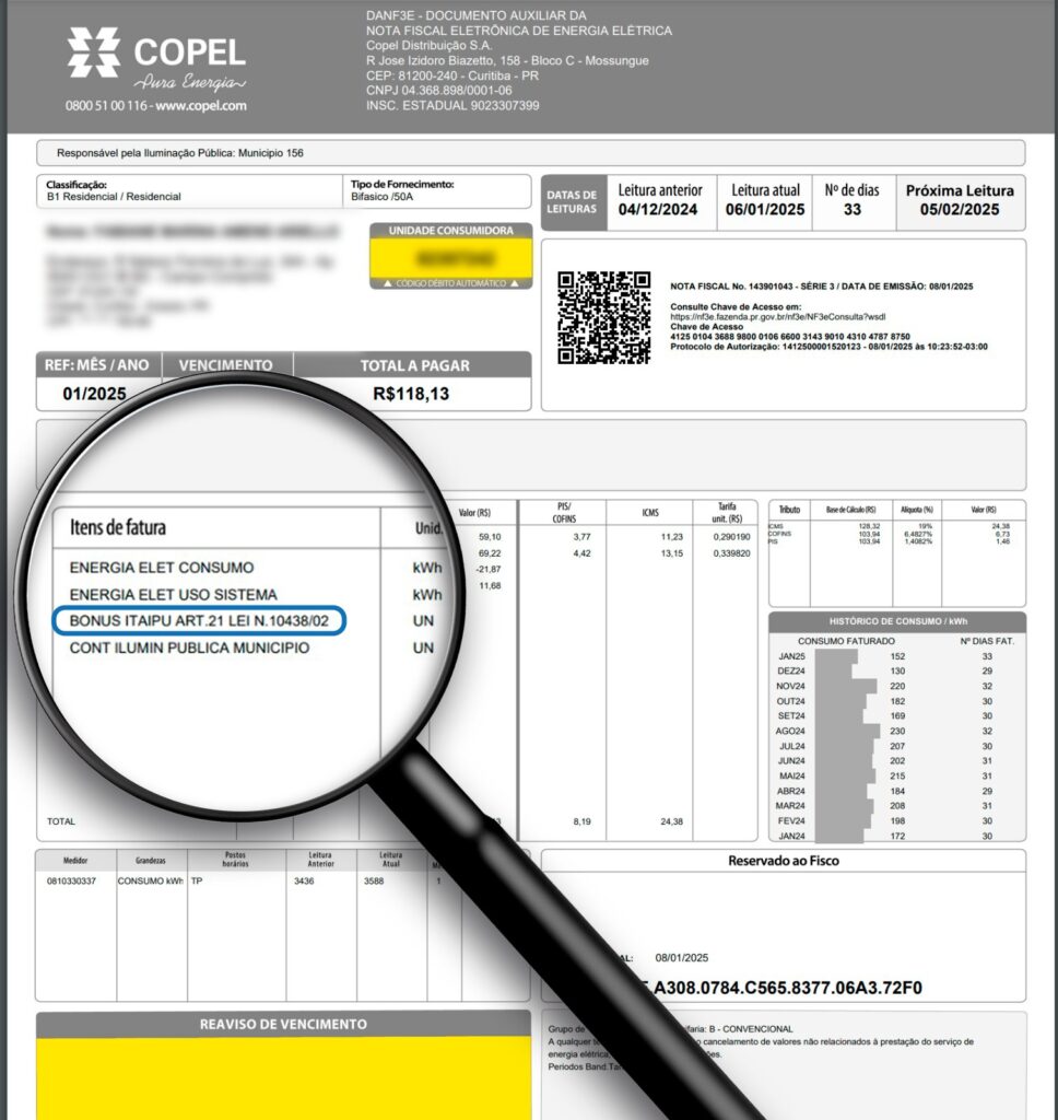 Valor do “bônus Itaipu” está discriminado na conta de luz. Saiba como identificar