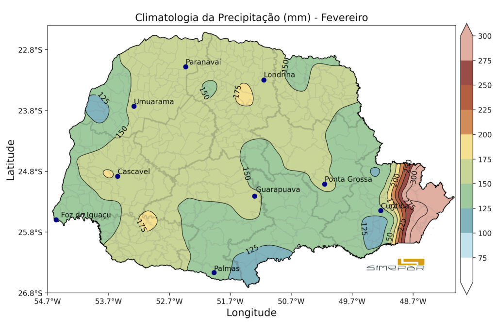 Paranaense pode esperar fevereiro quente e chuvoso, aponta previsão do Simepar 2 mapa