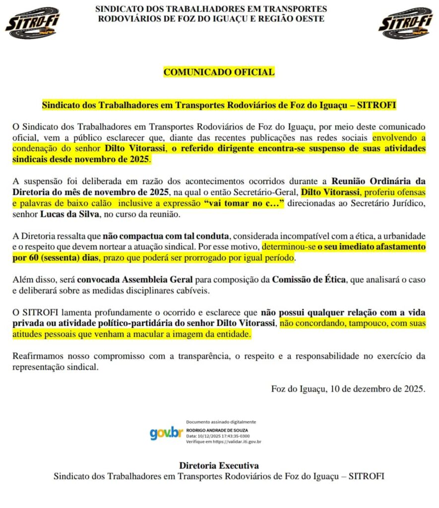 Ex-vereador de Foz do Iguaçu, Dilto Vitorassi, é condenado a 1 ano e 15 dias de detenção em regime semiaberto 2 sindicato