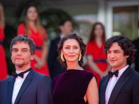 Wagner Moura Maria Fernanda Candido and Gabriel Leone at 2025 Cannes Red Carpet for O Agente Secreto