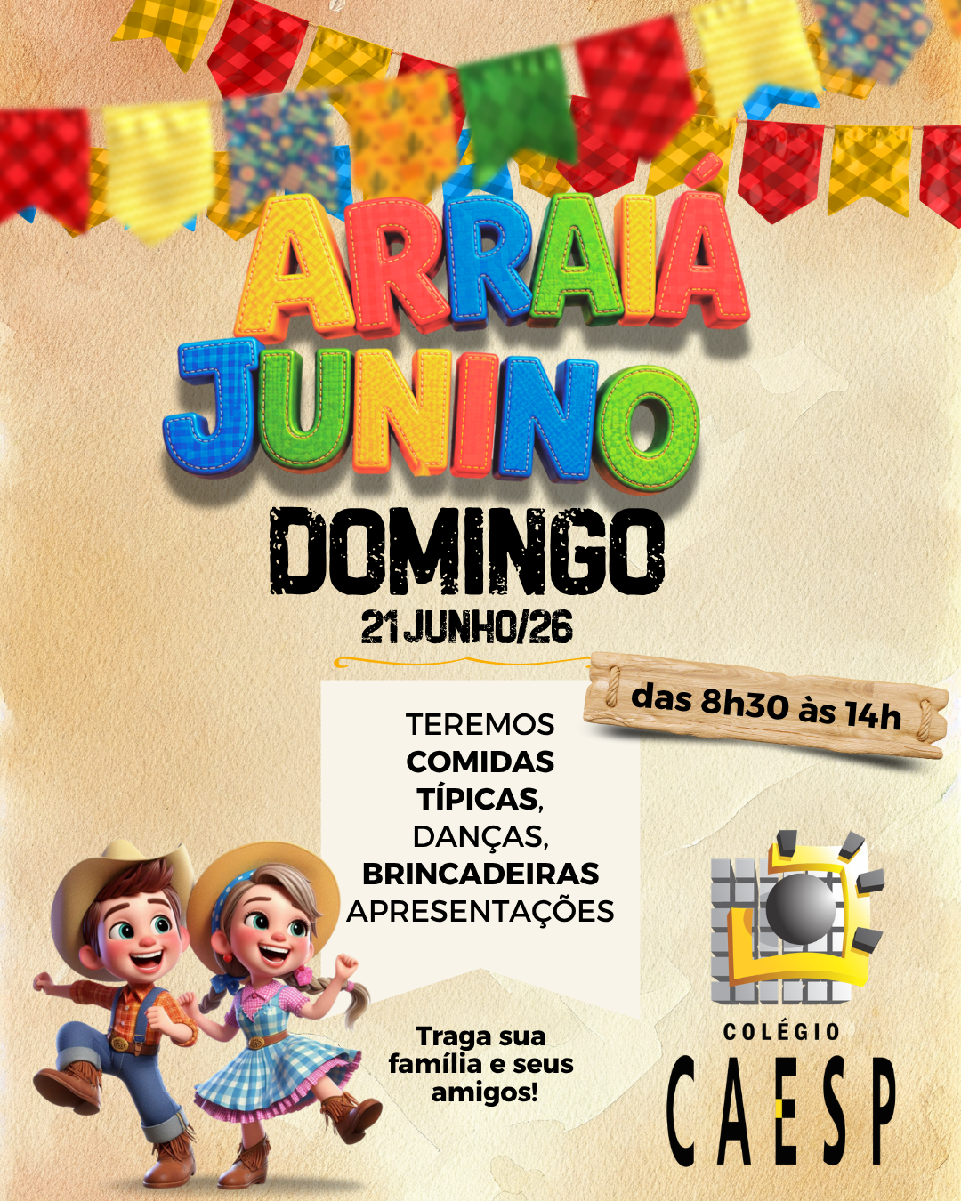 Tradicional Festa Junina do Colégio CAESP acontece neste domingo e convida toda a comunidade para uma manhã especial! 1 FESTA JUNINA CAESP